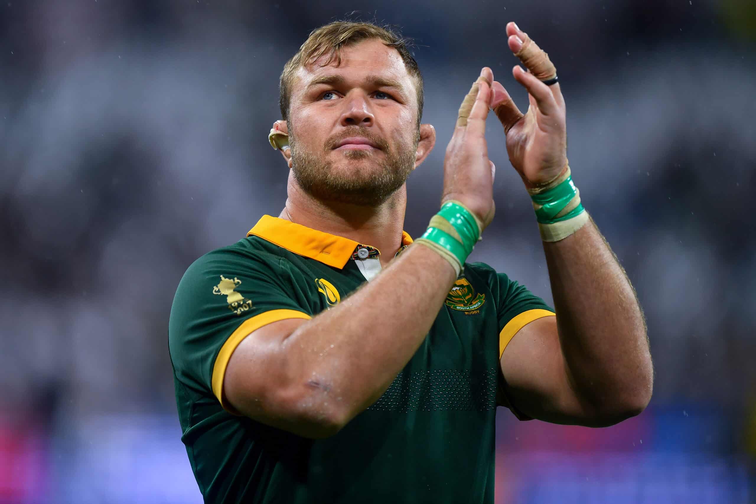 PARIS, FRANCE - OCTOBER 21: Duane Vermeulen of South Africa celebrates victory at full-time following the Rugby World Cup France 2023 match between England and South Africa at Stade de France on October 21, 2023 in Paris, France. (Photo by Franco Arland/Quality Sport Images/Getty Images)